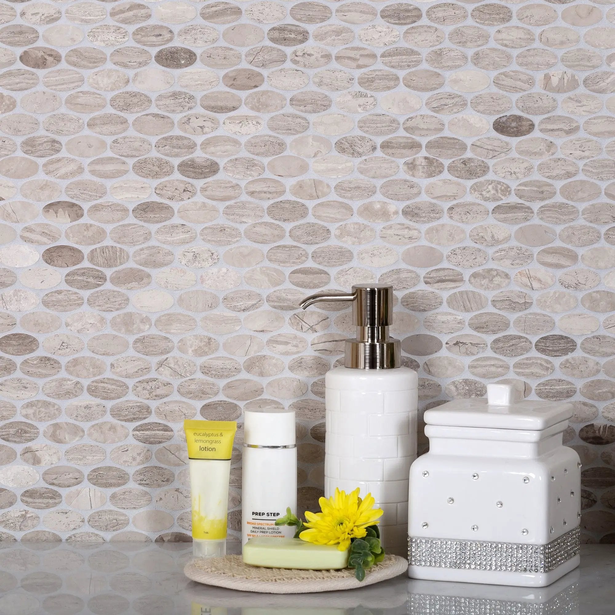 Wooden Beige 11x12 Polished Oval Marble Mosaic Tile (5 pack, 4.51 sq ft/case) by Apollo Tile