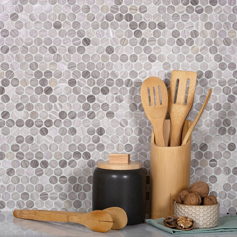 Wooden Beige 11x12 Polished Penny Round Marble Mosaic Tile (5 pack, 4.83 sq ft/case) by Apollo Tile