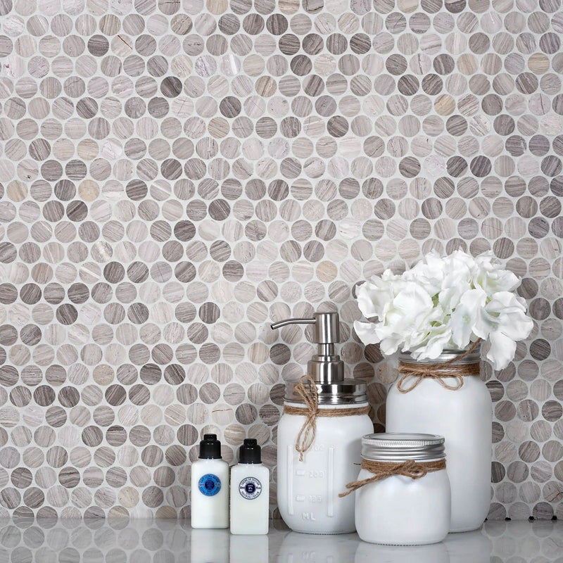 Wooden Beige 11x12 Polished Penny Round Marble Mosaic Tile (5 pack, 4.83 sq ft/case) by Apollo Tile