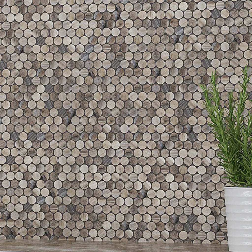 Beige 12x12 Glossy Penny Round Glass Mosaic Tile (10 pack, 10.34 sq ft/case) by Apollo Tile