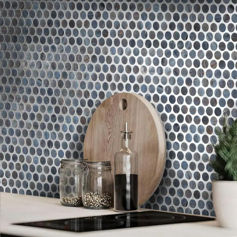 Blue 12x12 Glossy Penny Round Glass Mosaic Tile (10 pack, 10.34 sq ft/case) by Apollo Tile