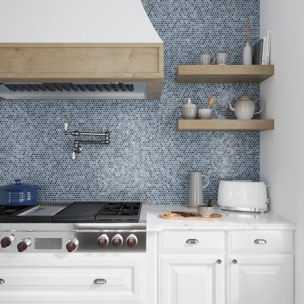 Blue 12x12 Glossy Penny Round Glass Mosaic Tile (10 pack, 10.34 sq ft/case) by Apollo Tile