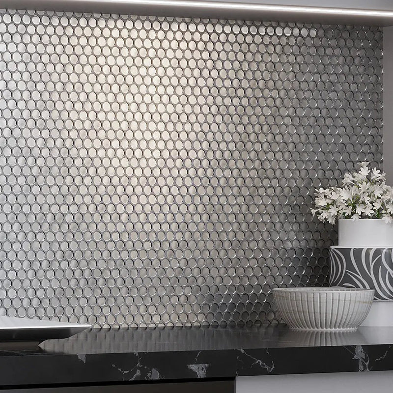 Silver 12x12 Penny Round Glossy Glass Mosaic Tile (10 pack, 10.34 sq ft/case) by Apollo Tile