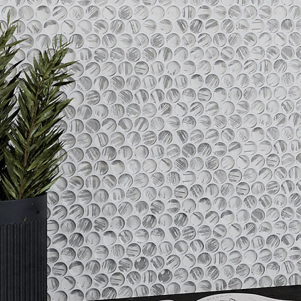 Silver 12x12 Glossy Penny Round Glass Mosaic Tile (10 pack, 10.34 sq ft/case) by Apollo Tile