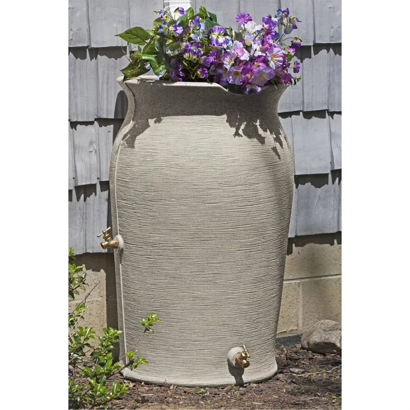 Grey SandStone 50-Gallon Plastic Urn Rain Barrel with Planter Top by HomePacific