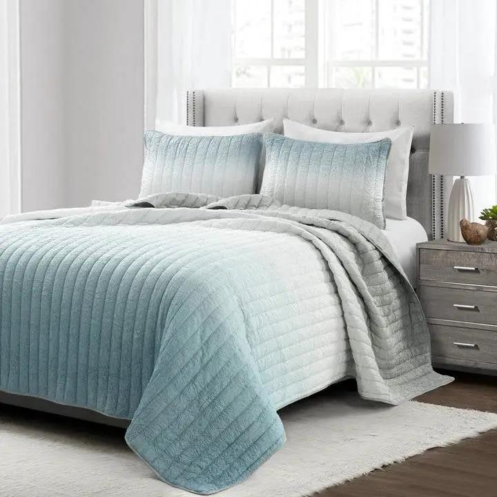 Full/Queen Aqua Blue and Grey Lightweight Polyester Fabric 3 Piece Quilt Set by HomePacific