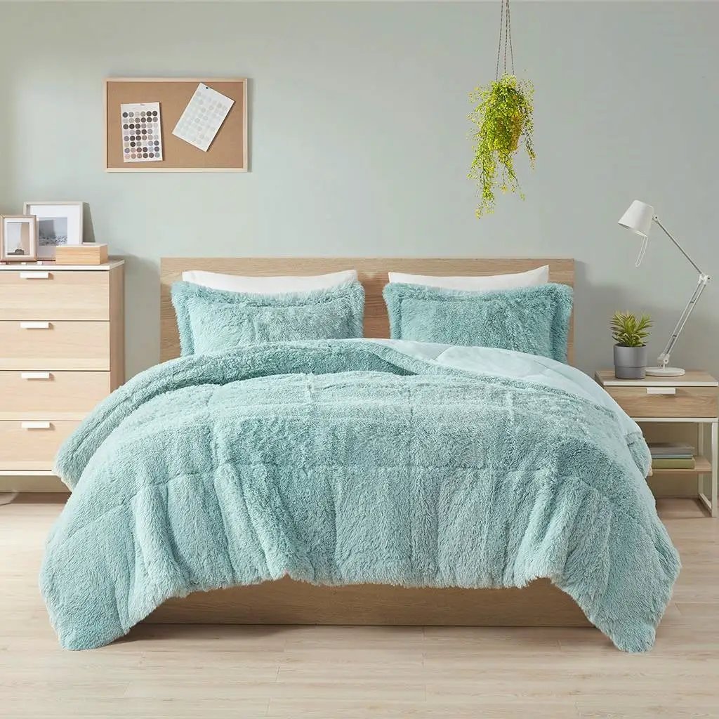 Full/Queen Soft Sherpa Faux Fur 3-Piece Comforter Set in Light Teal Blue by HomePacific