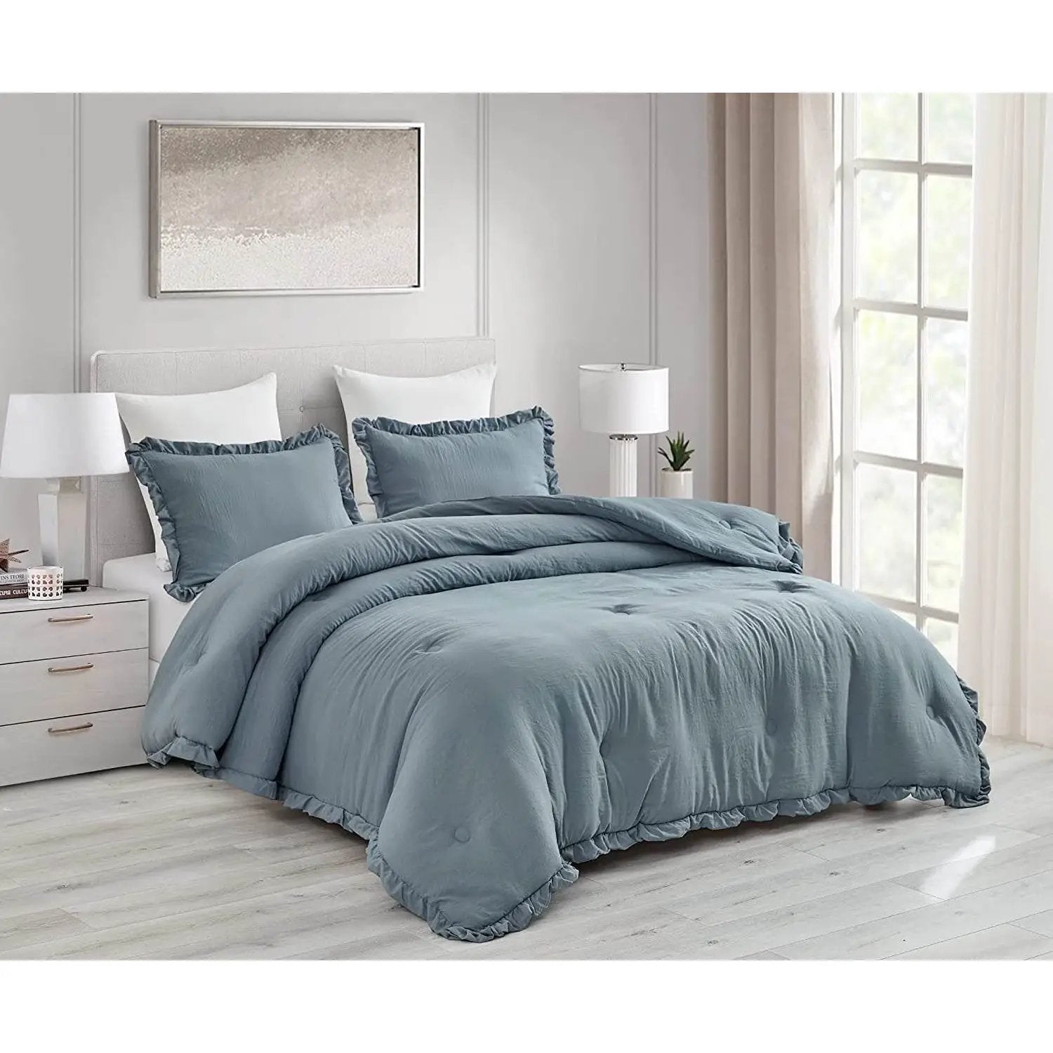 Full Size Blue Stone Washed Ruffled Edge Microfiber 3-Piece Comforter Set by HomePacific