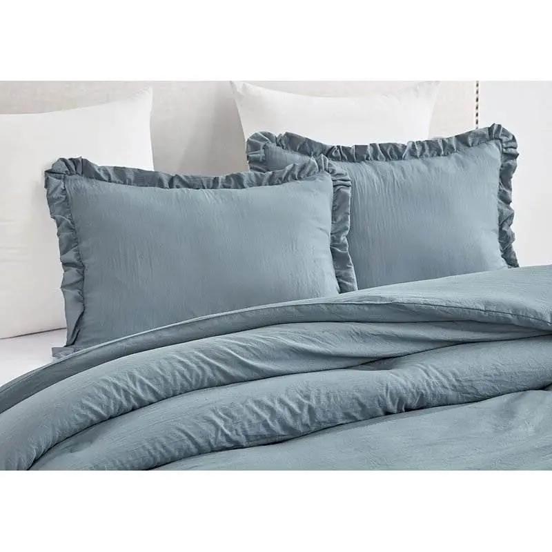 Full Size Blue Stone Washed Ruffled Edge Microfiber 3-Piece Comforter Set by HomePacific
