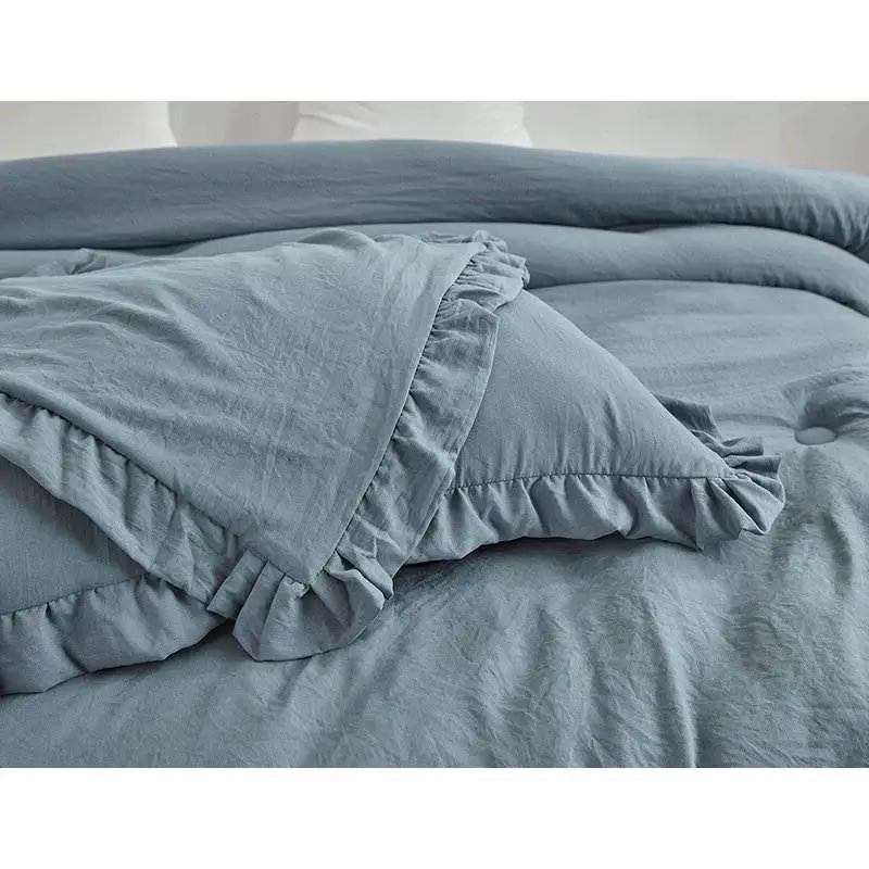 Full Size Blue Stone Washed Ruffled Edge Microfiber 3-Piece Comforter Set by HomePacific