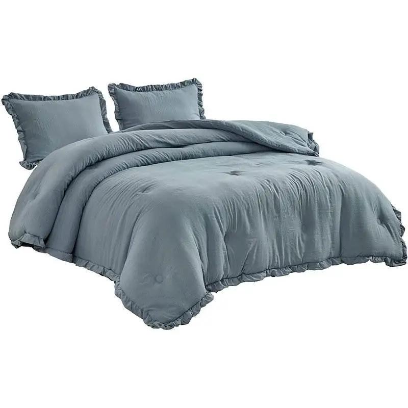 King Oversized Blue Ruffled Edge Microfiber Comforter Set by HomePacific