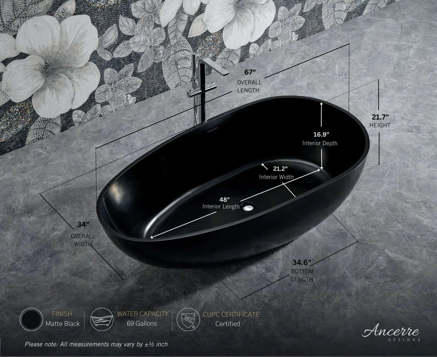 Arden 67” Freestanding Solid Surface Bathtub by Ancerre Designs