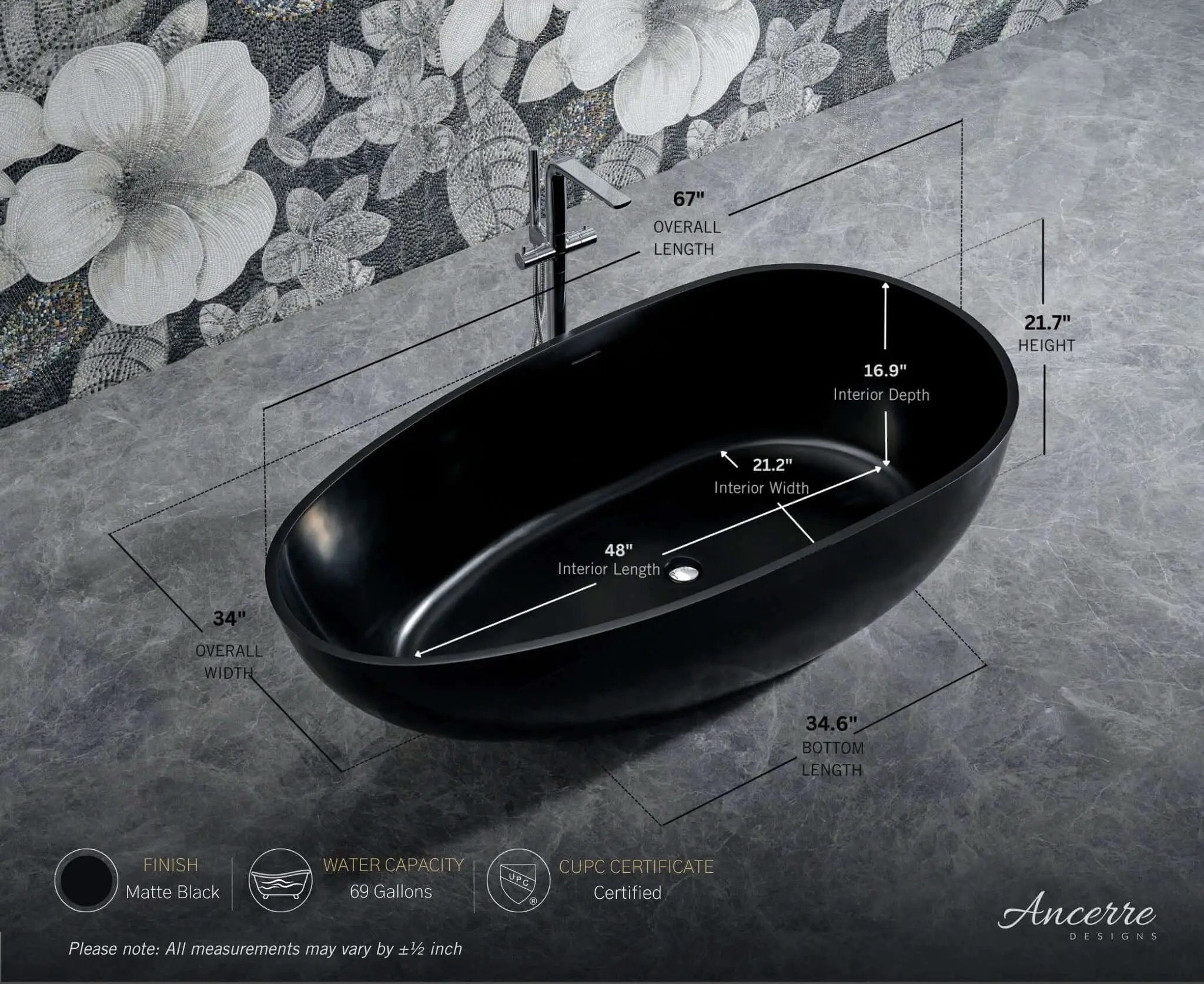 Arden 67” Freestanding Solid Surface Bathtub by Ancerre Designs
