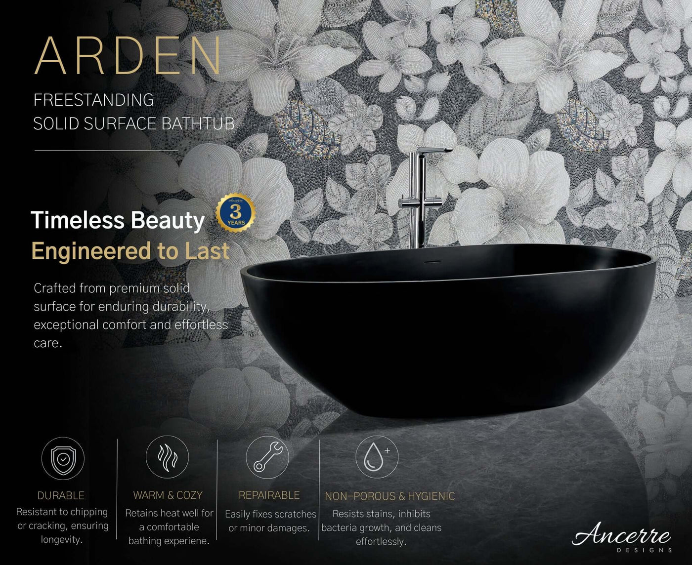 Arden 67” Freestanding Solid Surface Bathtub by Ancerre Designs