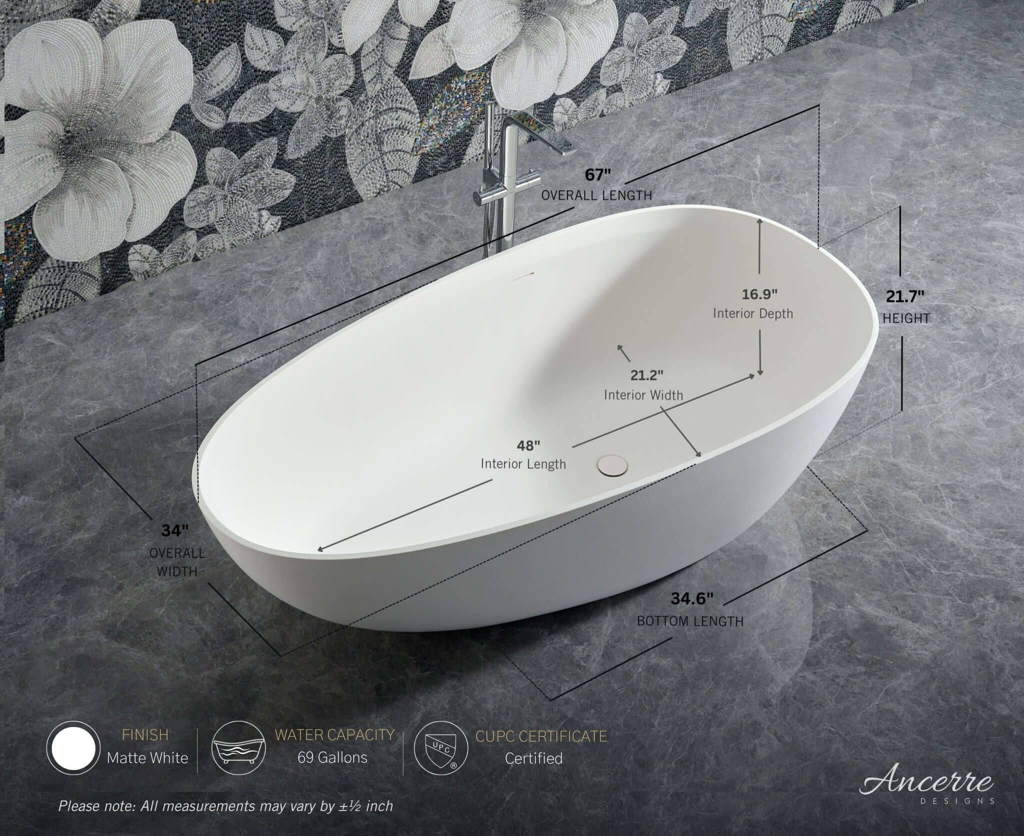 Arden 67” Freestanding Solid Surface Bathtub by Ancerre Designs