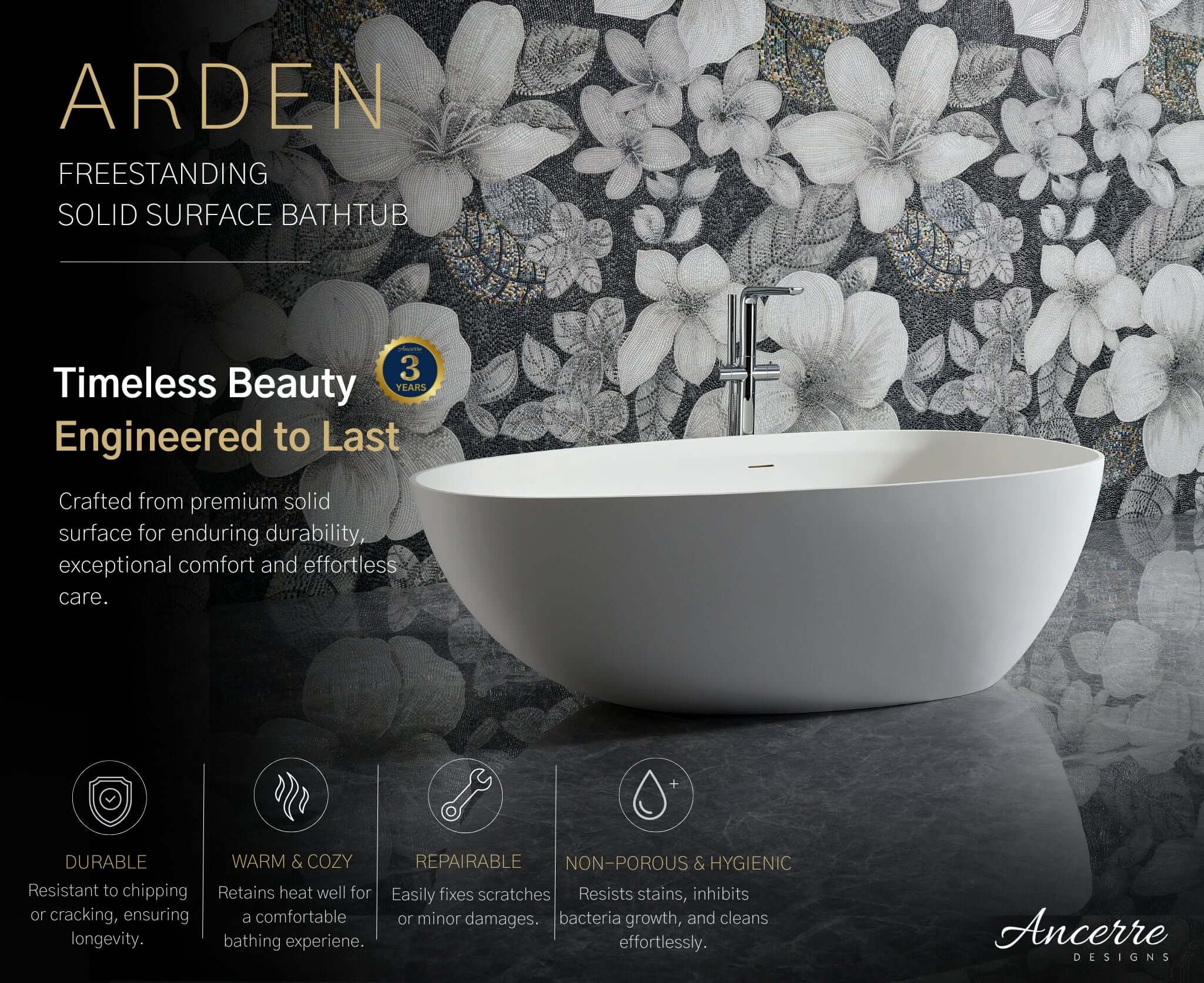Arden 59” Freestanding Solid Surface Bathtub by Ancerre Designs