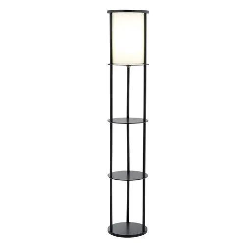 Modern Asian Style Round Shelf Floor Lamp in Black with White Shade by HomePacific