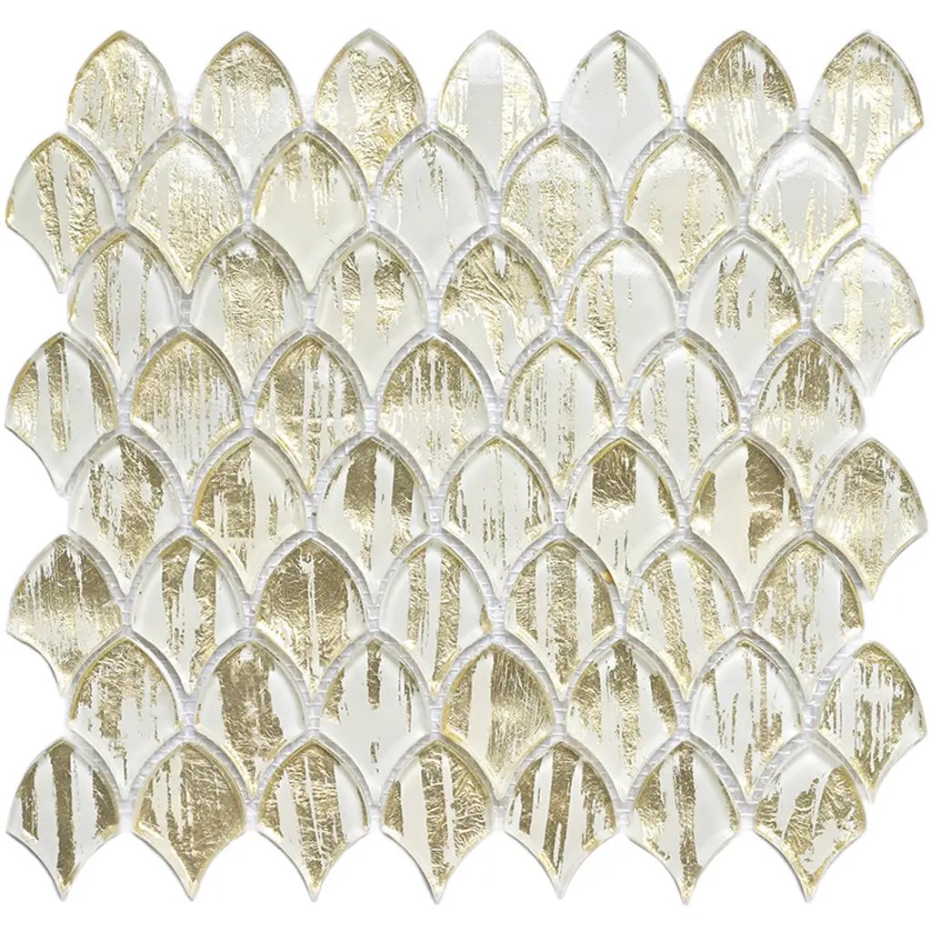 Gold White 11x11 Glossy Fan Fish Scale Glass Mosaic Tile (10 pack, 8.48 sq ft/case) by Apollo Tile