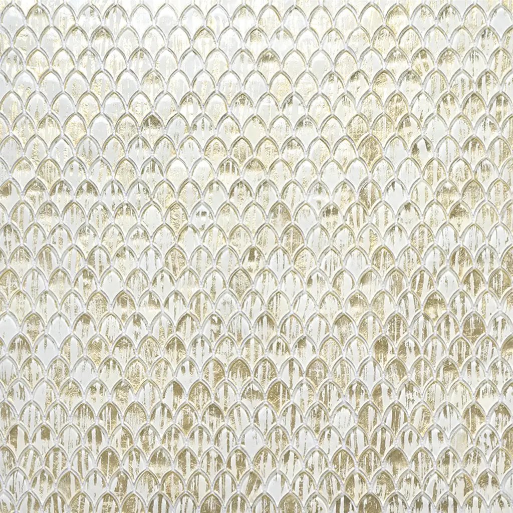 Gold White 11x11 Glossy Fan Fish Scale Glass Mosaic Tile (10 pack, 8.48 sq ft/case) by Apollo Tile