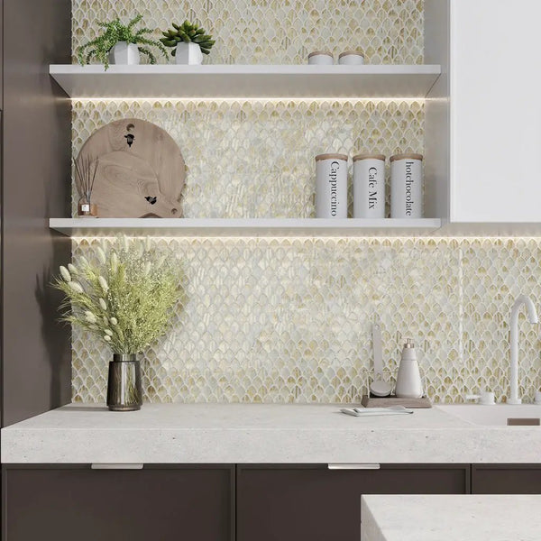 Gold White 11x11 Glossy Fan Fish Scale Glass Mosaic Tile (10 pack, 8.48 sq ft/case)