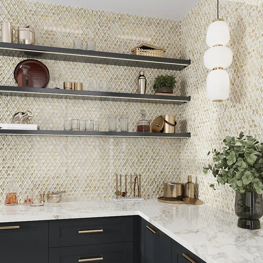 Gold White 11x11 Glossy Fan Fish Scale Glass Mosaic Tile (10 pack, 8.48 sq ft/case) by Apollo Tile