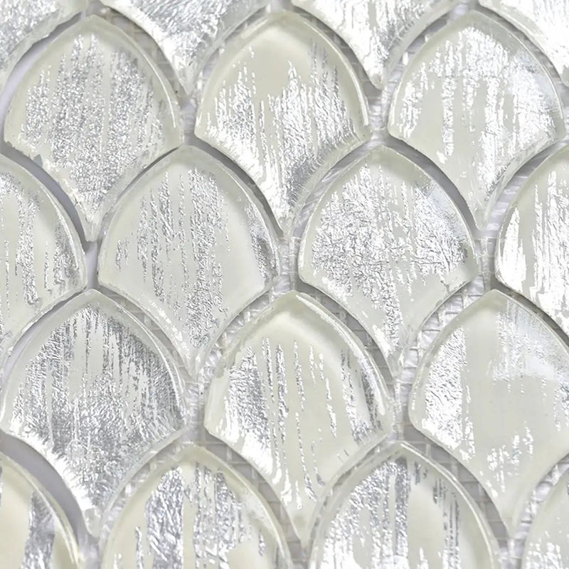 Silver 11x11 Glossy Fan Fish Scale Glass Mosaic Tile (10 pack, 8.48 sq ft/case) by Apollo Tile