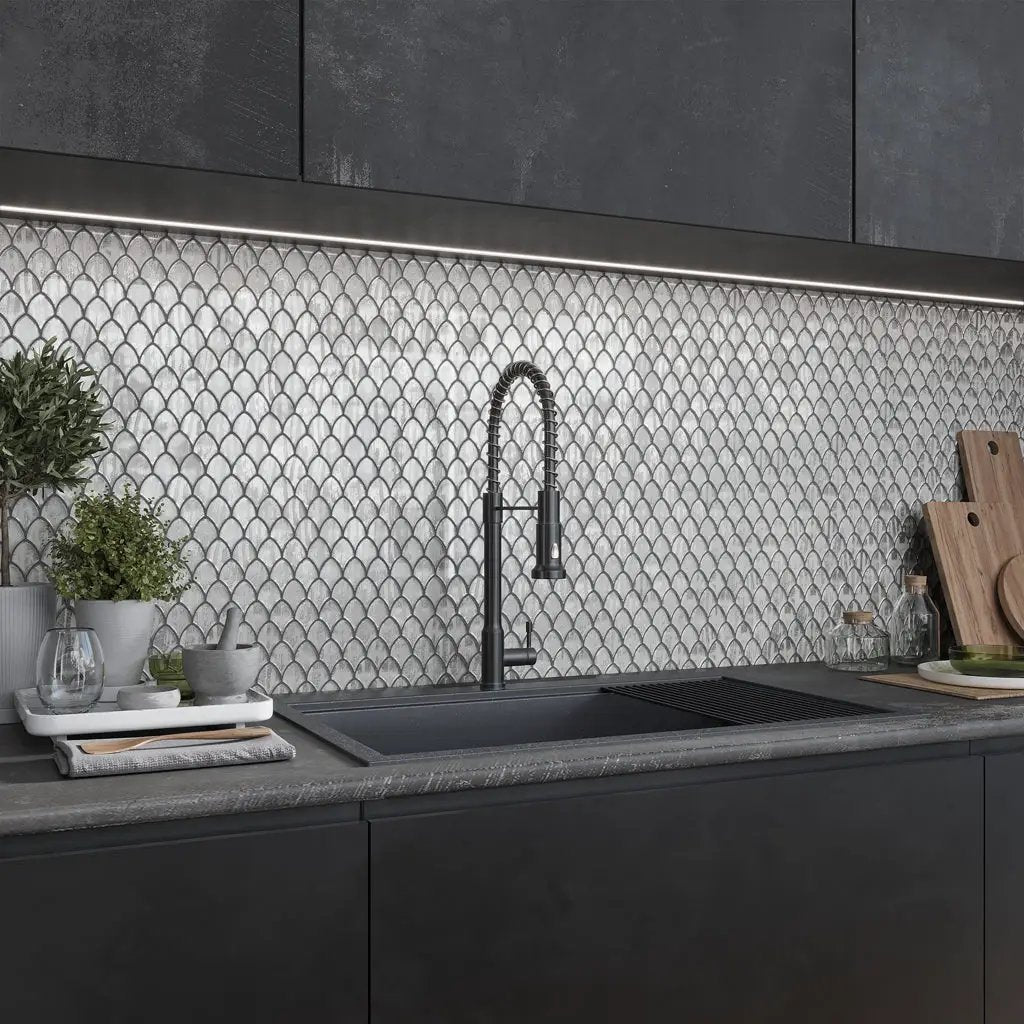 Silver 11x11 Glossy Fan Fish Scale Glass Mosaic Tile (10 pack, 8.48 sq ft/case) by Apollo Tile