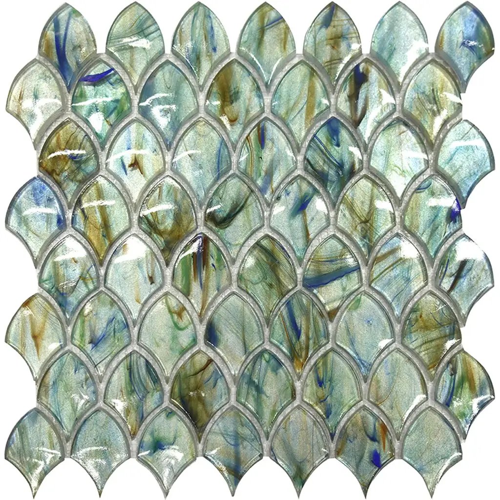 Blue Silver 11x11 Glossy Fan Fish Scale Glass Mosaic Tile (10 pack, 8.48 sq ft/case) by Apollo Tile