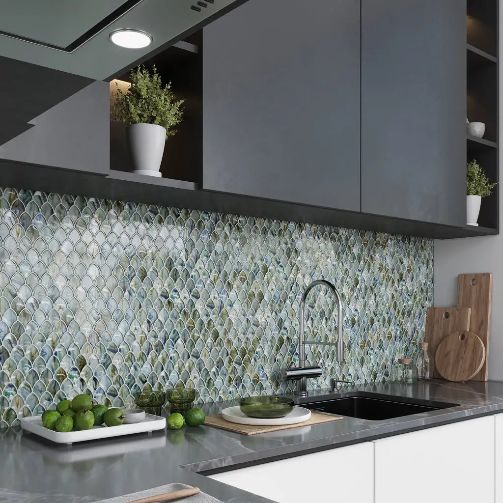 Blue Silver 11x11 Glossy Fan Fish Scale Glass Mosaic Tile (10 pack, 8.48 sq ft/case) by Apollo Tile