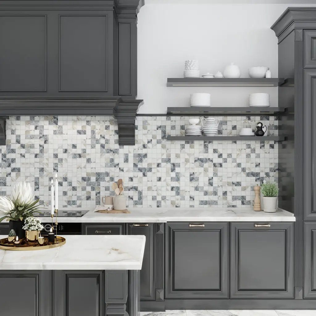 Classic White with Gray 12x12 Matte Square Porcelain Mosaic Tile (11 pack, 10.76 sq ft/case) by Apollo Tile