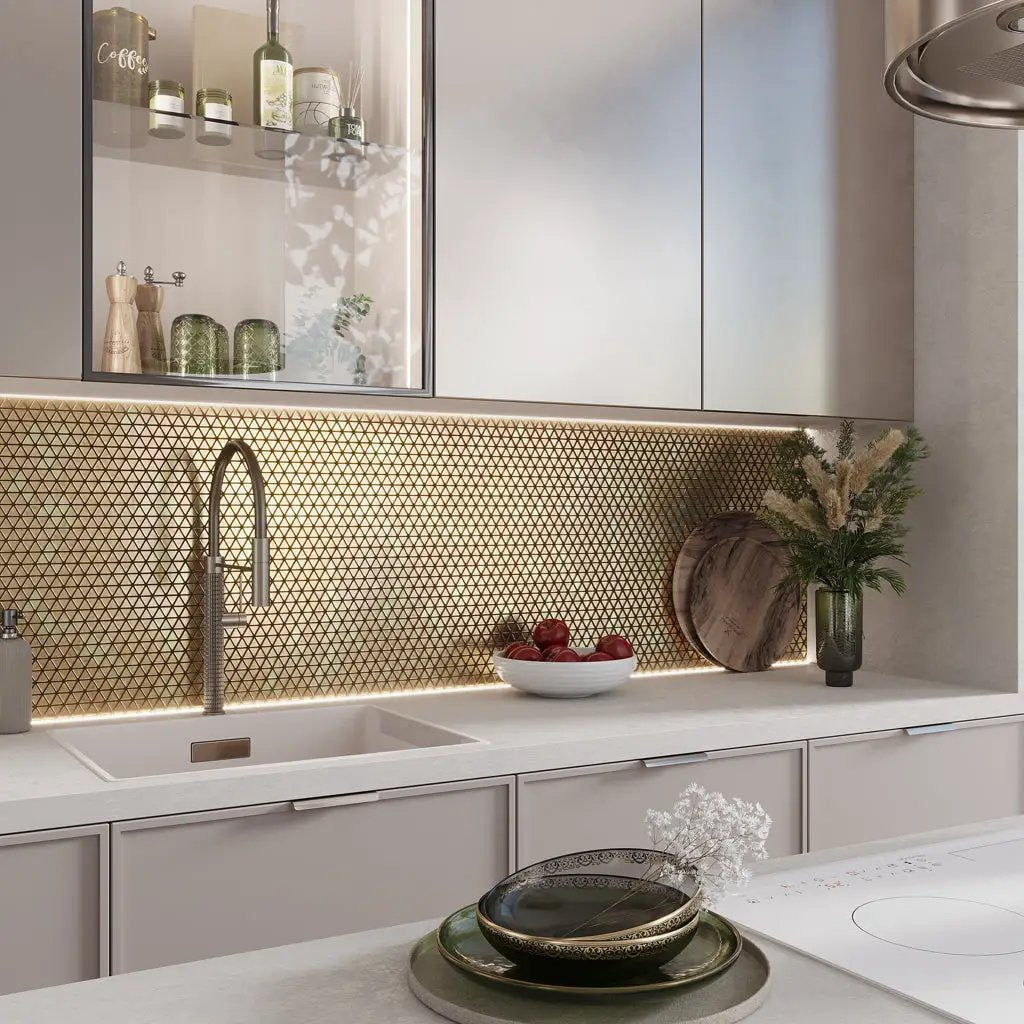 Shimmer Gold 12x12 Glossy Uniform Triangle Glass Mosaic Tile (10 pack, 10.34 sq ft/case) by Apollo Tile