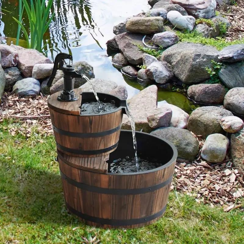 Outdoor 2-Tier Solid Wood Whisky Barrel Waterfall Fountain with Electric Pump by HomePacific
