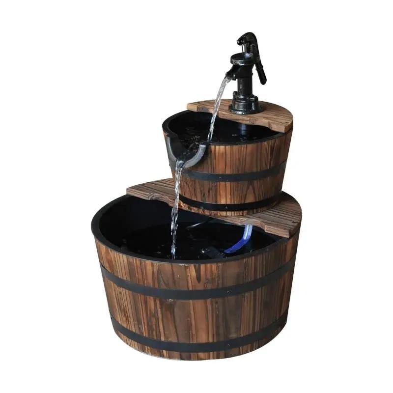 Outdoor 2-Tier Solid Wood Whisky Barrel Waterfall Fountain with Electric Pump by HomePacific
