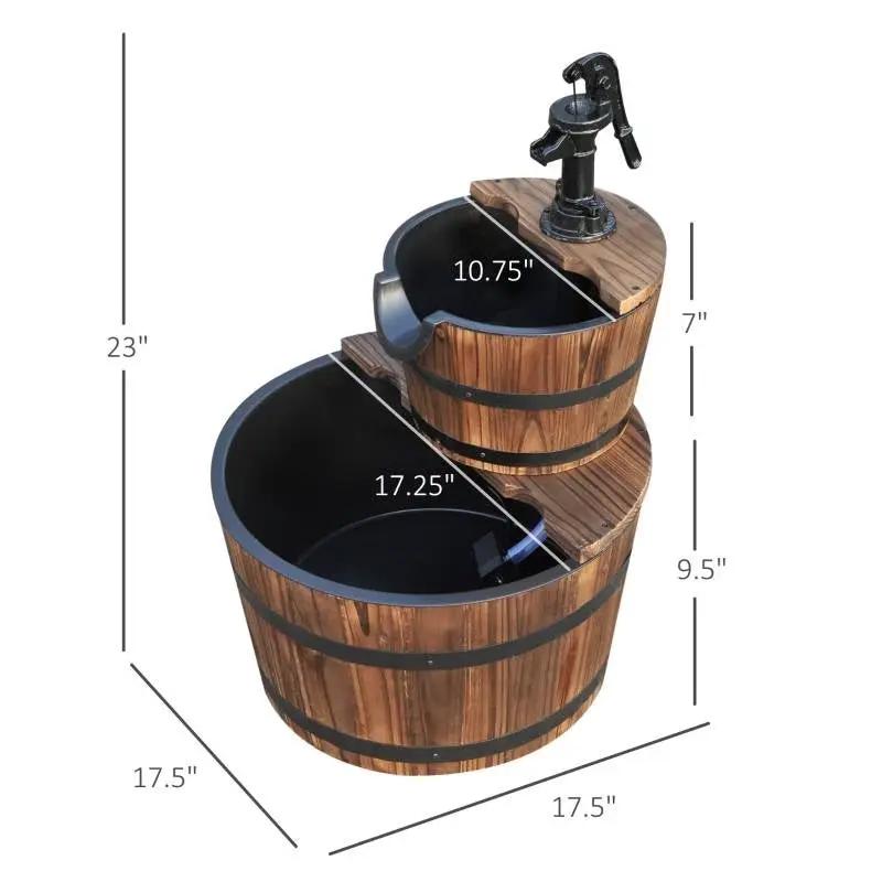 Outdoor 2-Tier Solid Wood Whisky Barrel Waterfall Fountain with Electric Pump by HomePacific