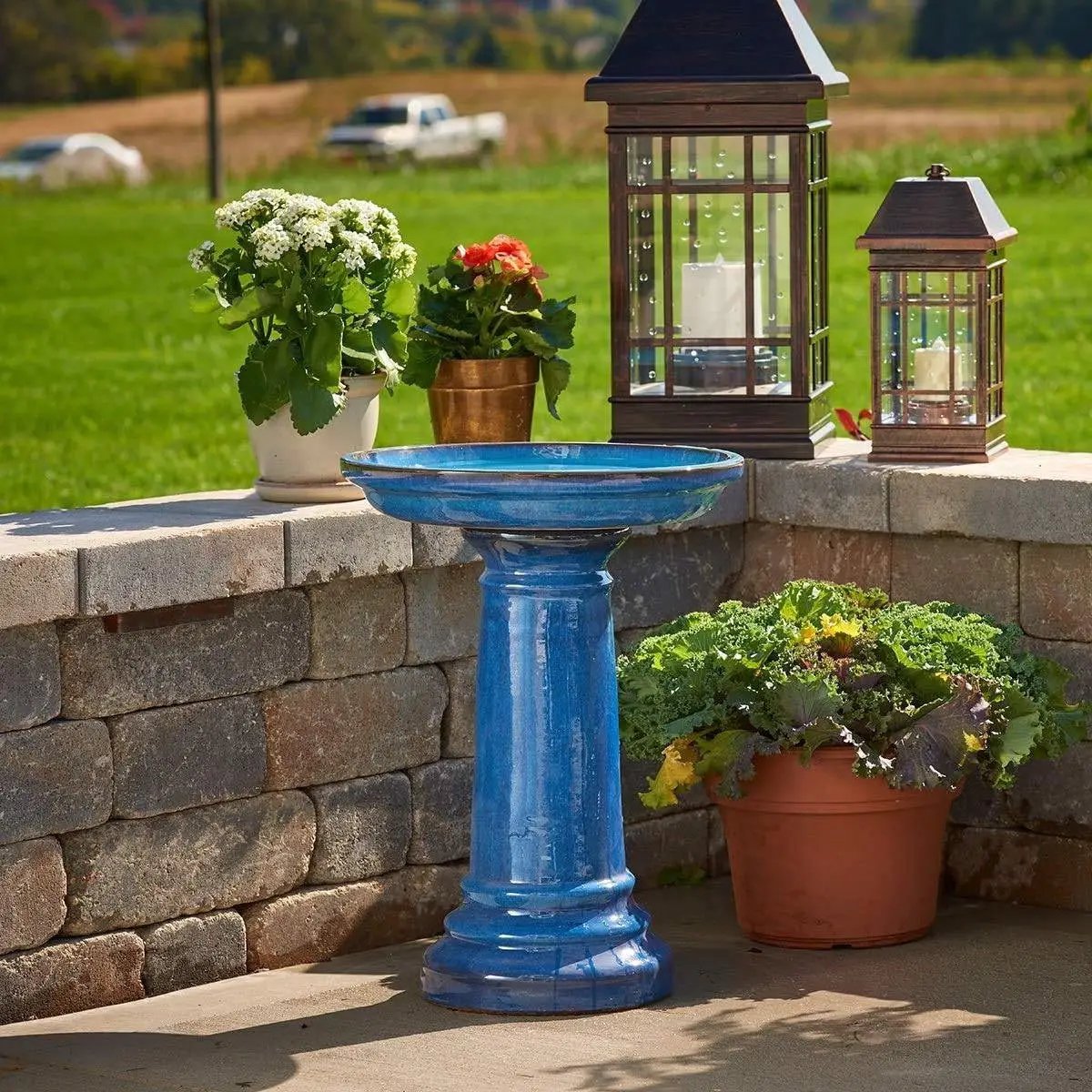 2 Gallon Blue Ceramic Traditional Outdoor Patio Garden Birdbath by HomePacific