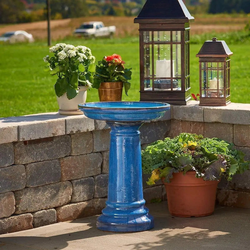 2 Gallon Blue Ceramic Traditional Outdoor Patio Garden Birdbath by HomePacific