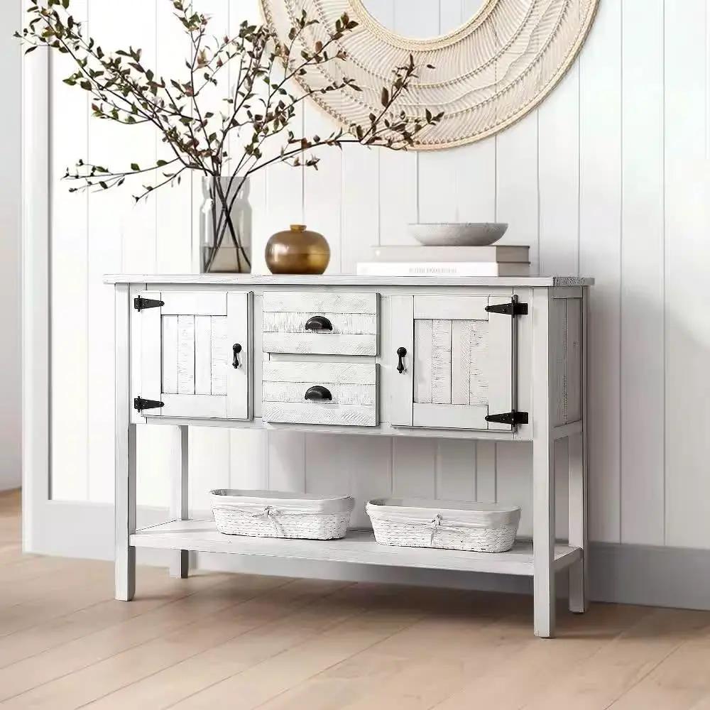 Farmhouse Solid Wood Sofa Table with Storage Drawers in Rustic White Finish by HomePacific