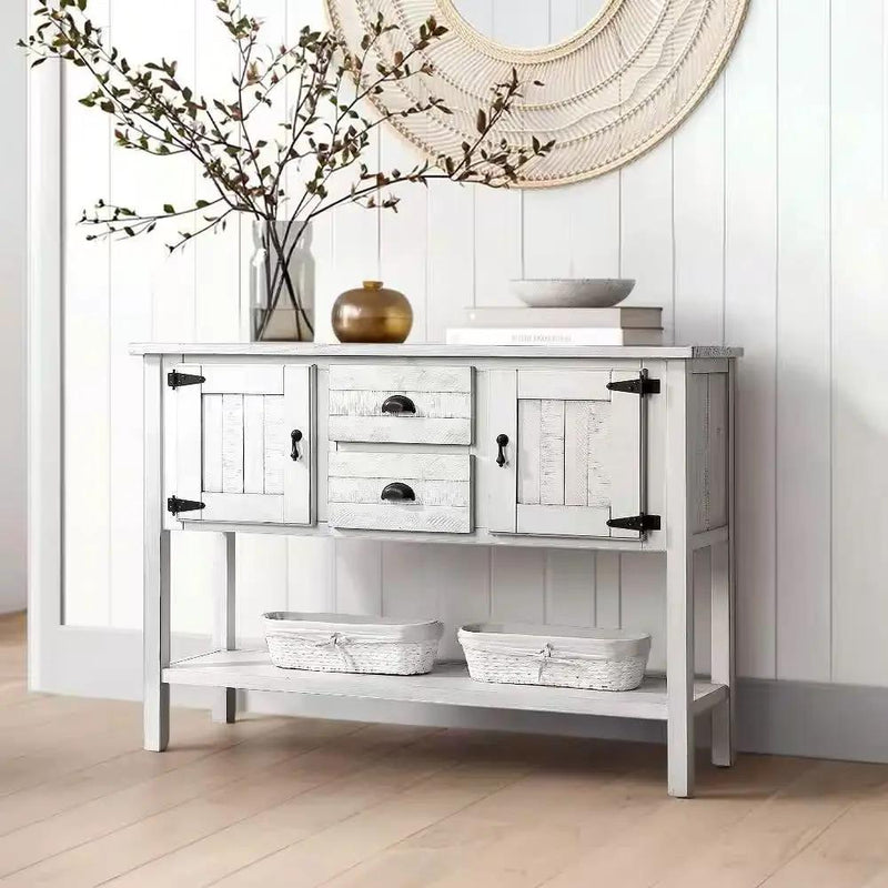 Farmhouse Solid Wood Sofa Table with Storage Drawers in Rustic White Finish by HomePacific