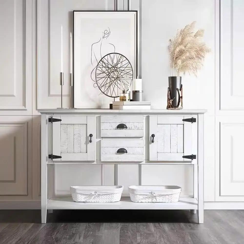 Farmhouse Solid Wood Sofa Table with Storage Drawers in Rustic White Finish by HomePacific