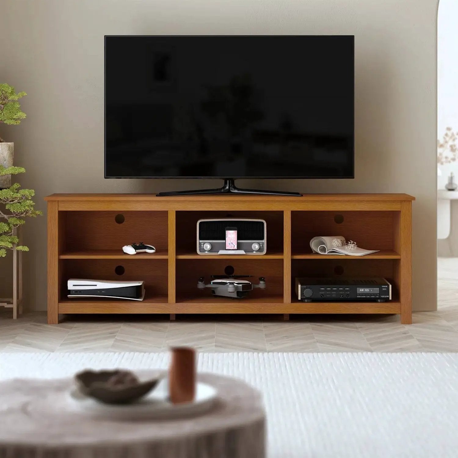 Farmhouse TV Stand in Amber Brown Wood Finish - for TVs up to 70-inch by HomePacific