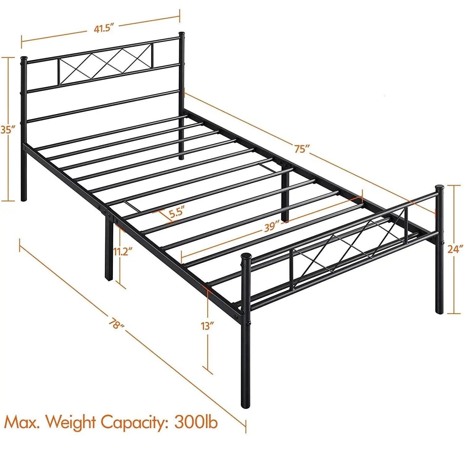Twin Size Traditional Powder Coated Slatted Metal Platform Bed by HomePacific
