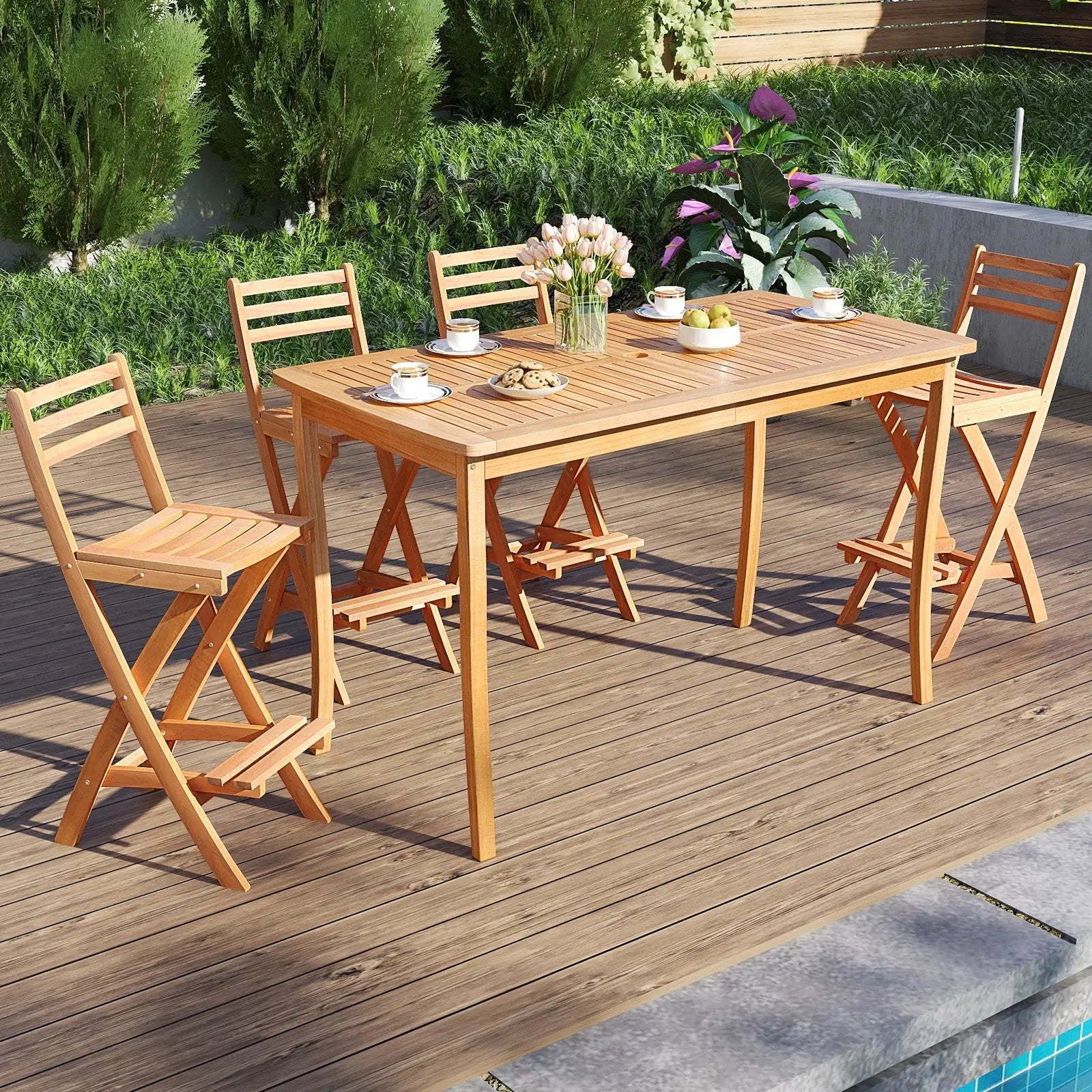 Acacia Wood Bar Height Chair with Backrest and Footrest for Backyard by DirectDeals