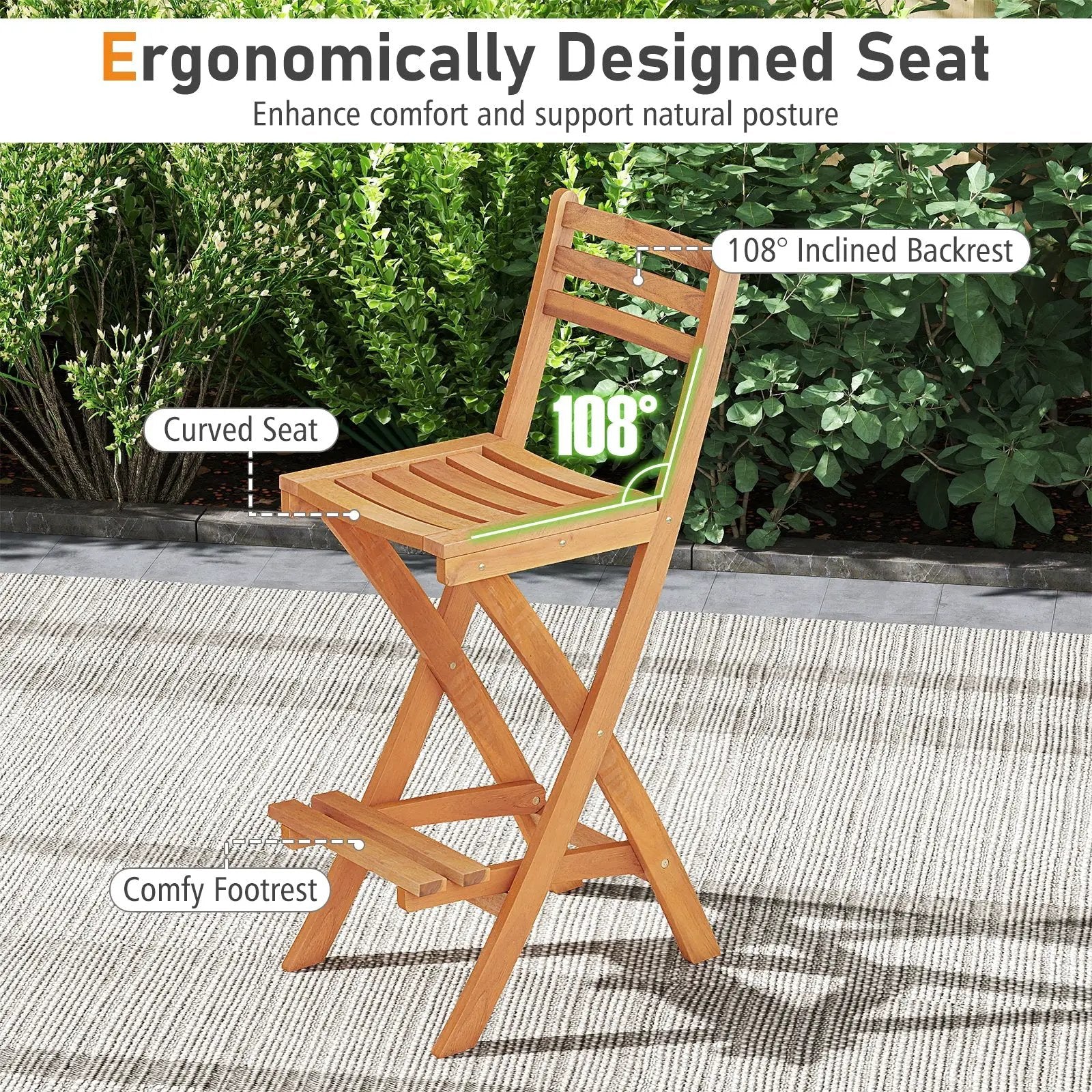 Acacia Wood Bar Height Chair with Backrest and Footrest for Backyard by DirectDeals