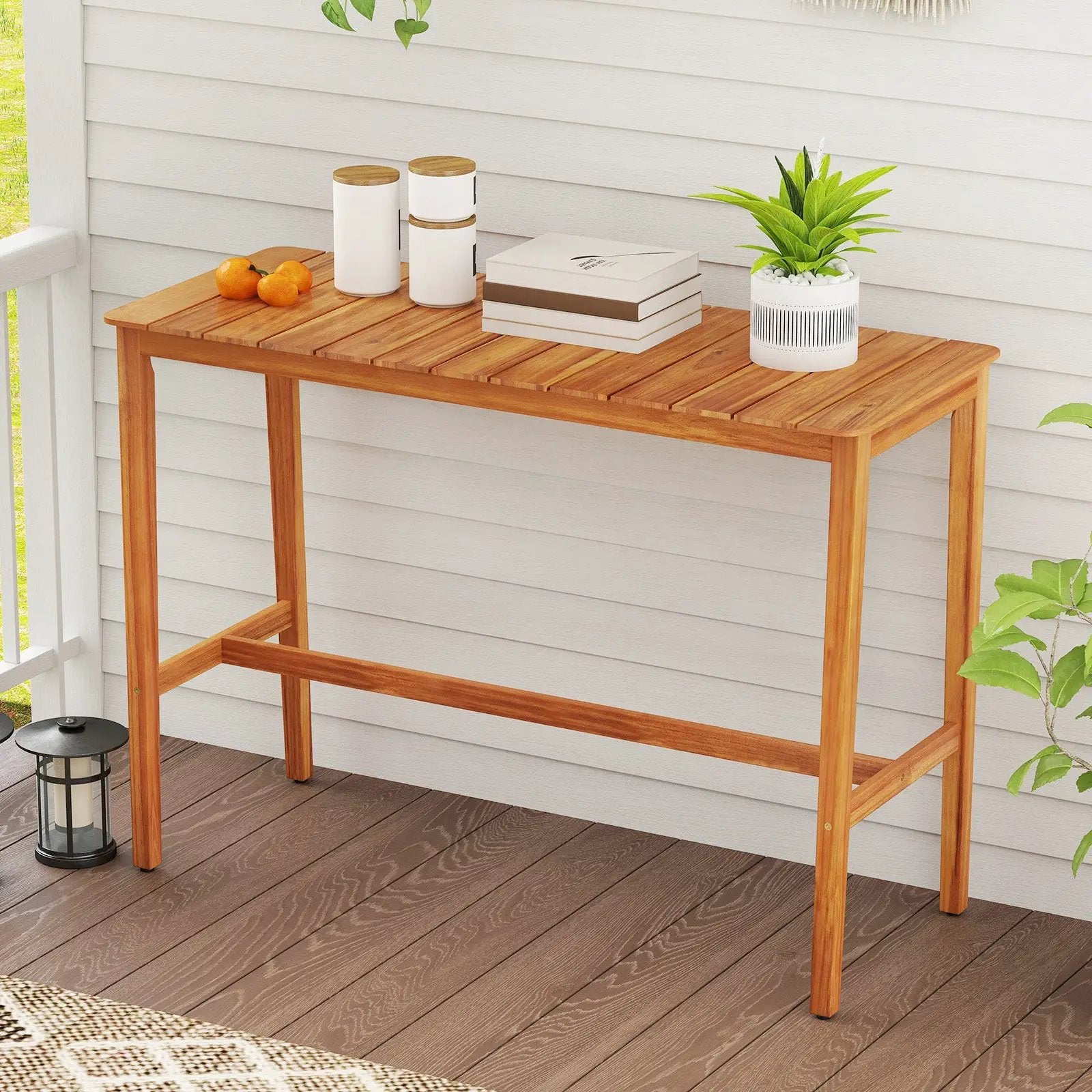 Acacia Wood Counter Height Table with Slatted Tabletop and Footrest Crossbar by DirectDeals