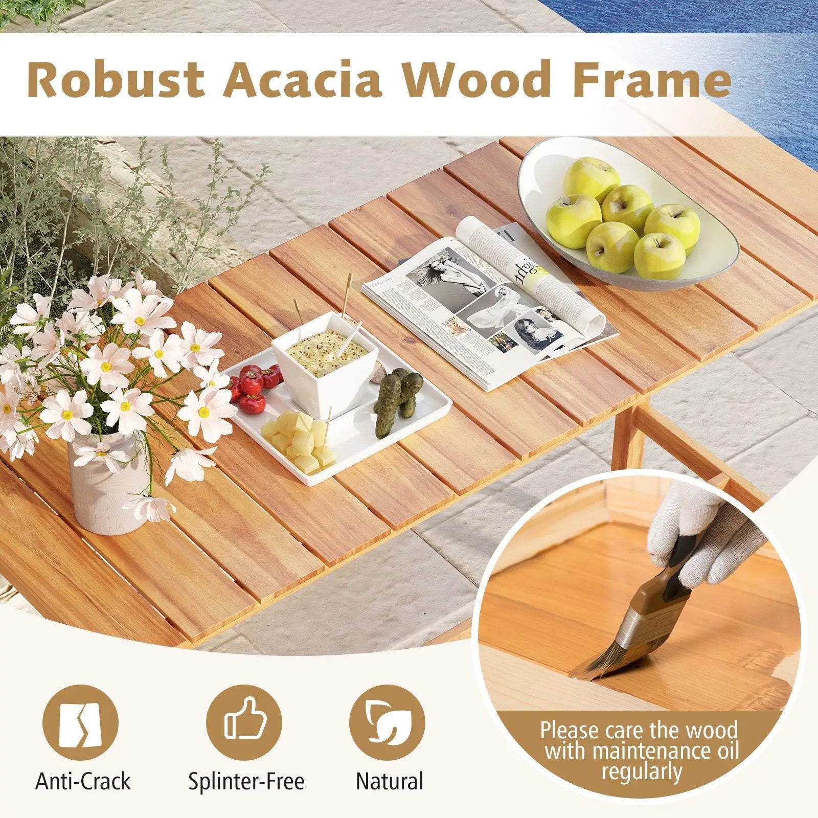 Acacia Wood Counter Height Table with Slatted Tabletop and Footrest Crossbar by DirectDeals