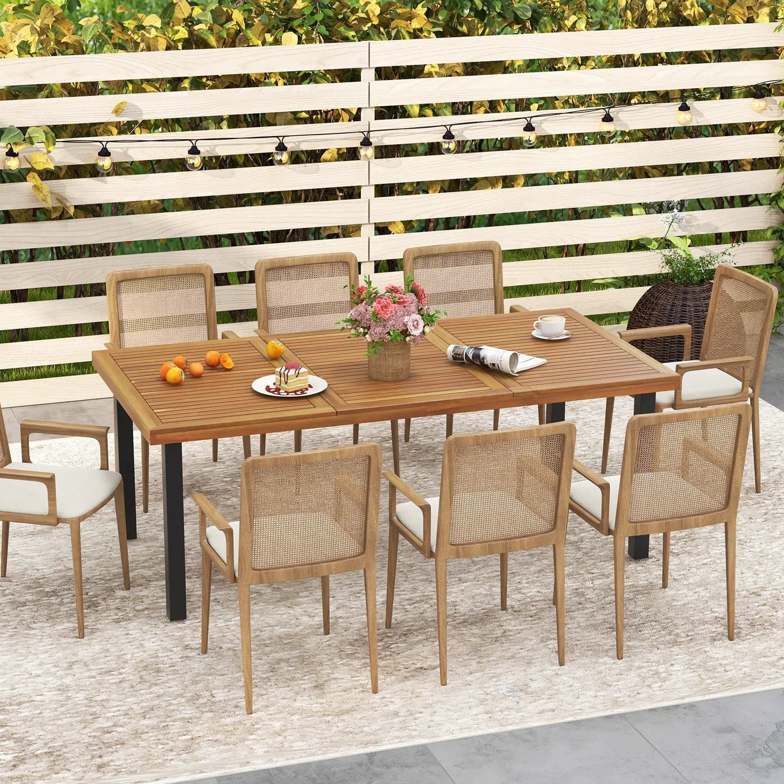 79 Inch Acacia Wood Dining Table 8-Person Patio Table with 1.9 Inch Umbrella Hole and Adjustable Foot Pads by DirectDeals