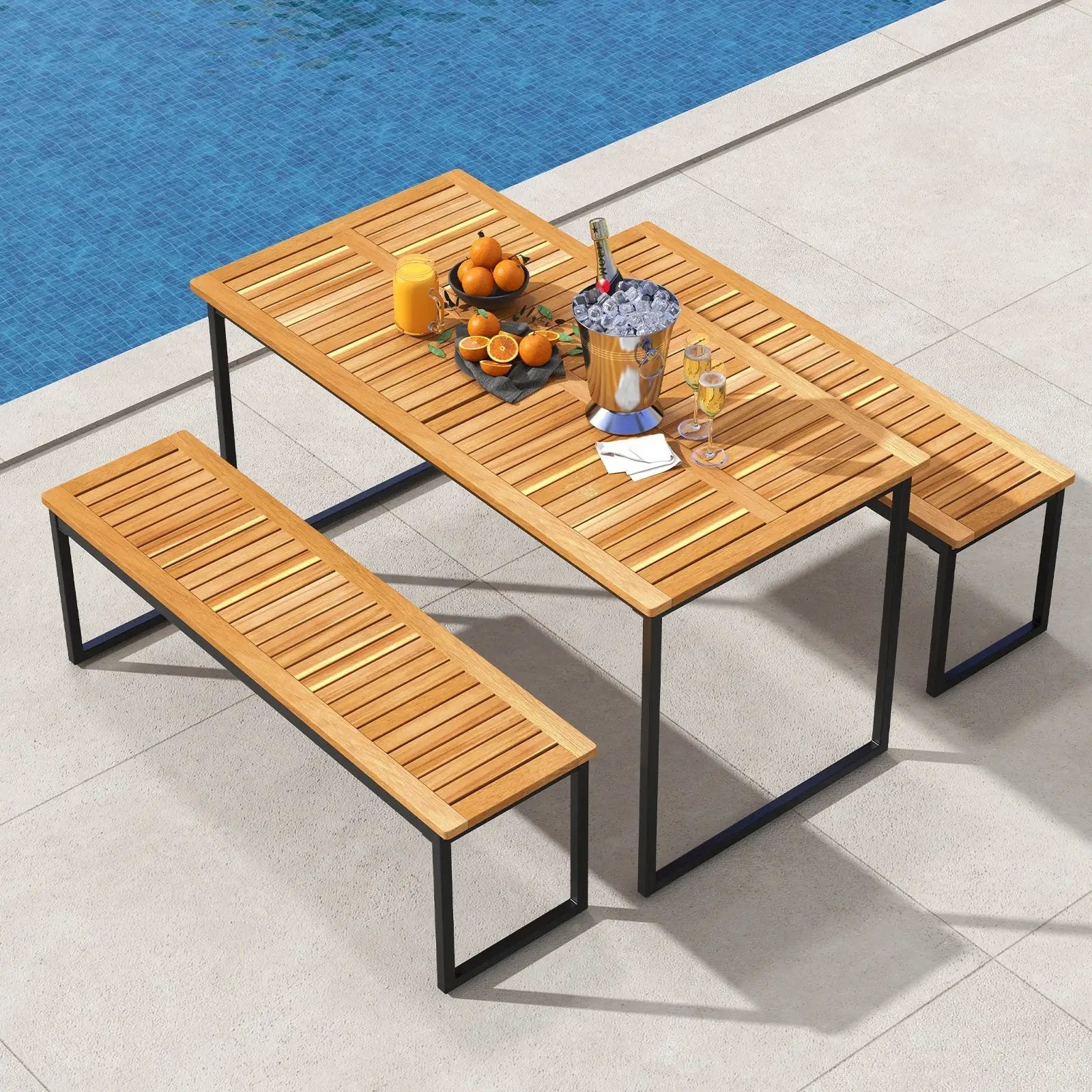 Acacia Wood Dining Table for 6 People with Slatted Tabletop and Umbrella Hole by DirectDeals
