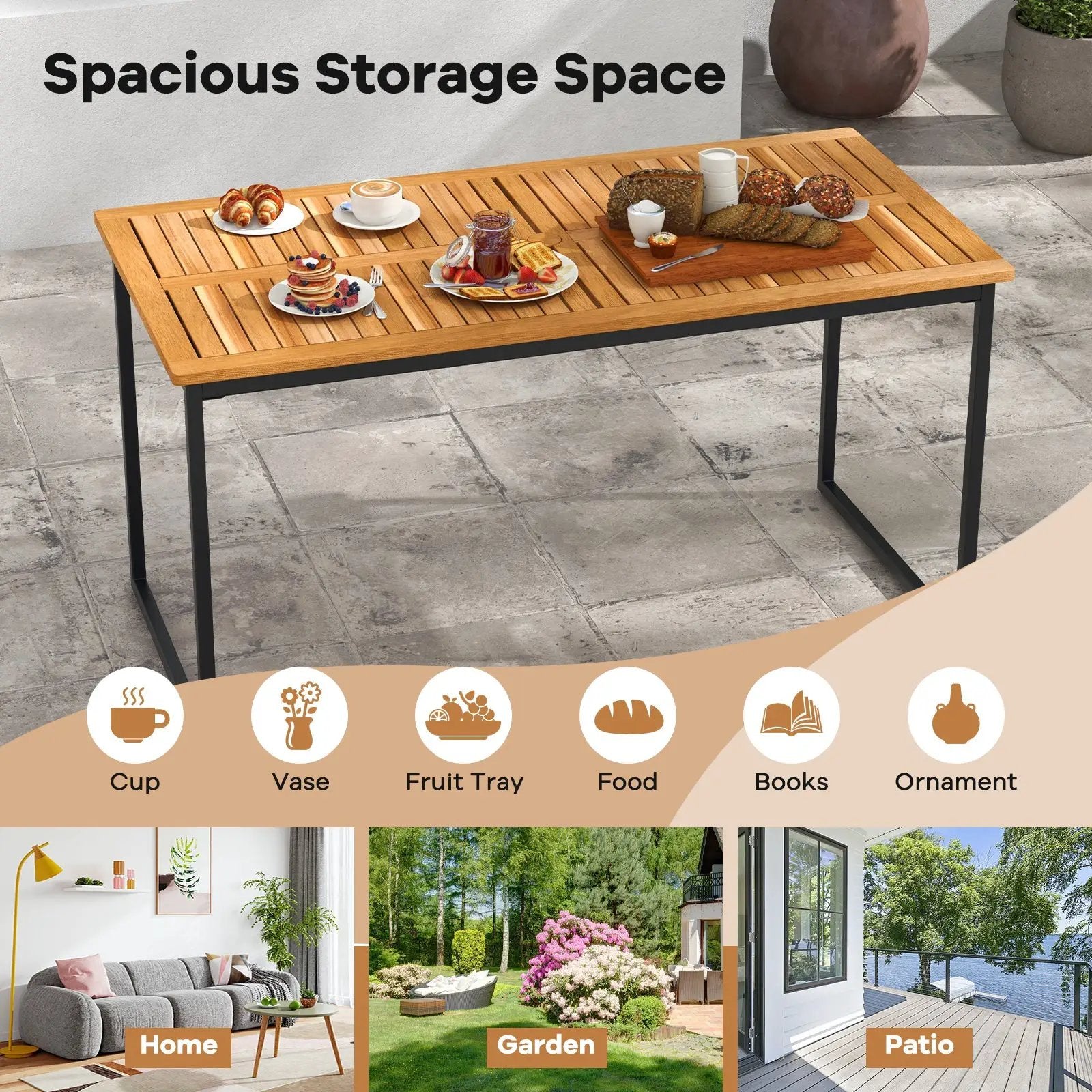Acacia Wood Dining Table for 6 People with Slatted Tabletop and Umbrella Hole by DirectDeals