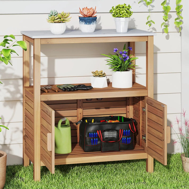 Outdoor Potting Bench Acacia Wood Garden Potting Table Planting Work Bench Station with Louvered Doors by DirectDeals