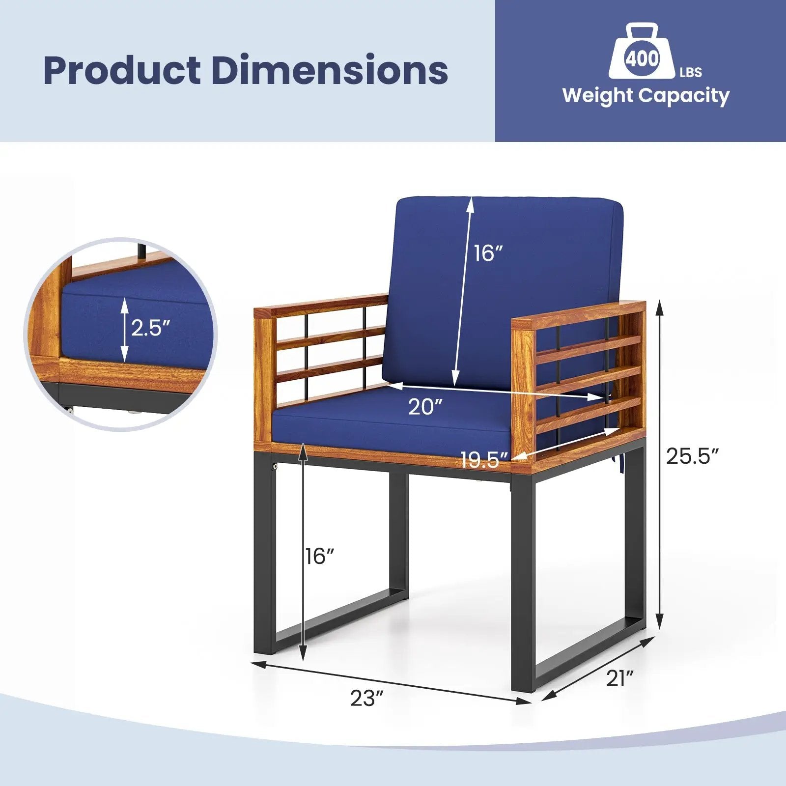 Acacia Wood Outdoor Dining Chairs Set of 2 with Soft Cushions-Navy by DirectDeals